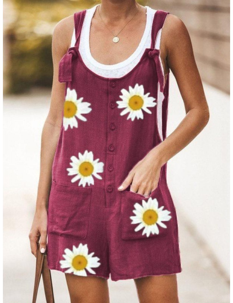 Woman Daisy Print Solid Color Patch Pockets Lace-Up Cotton And Linen Jumpsiut