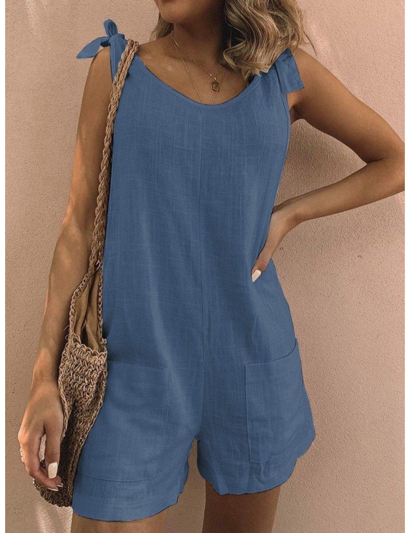 Women Summer Daily Cotton Solid Pockets Sleeveless Casual Linen Rompers Jumpsuits