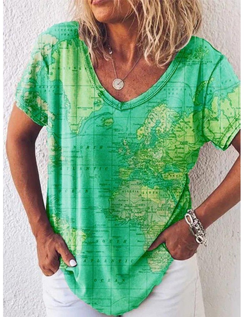 Women's V-Neck Casual Printed Loose Short-Sleeved t-Shirt