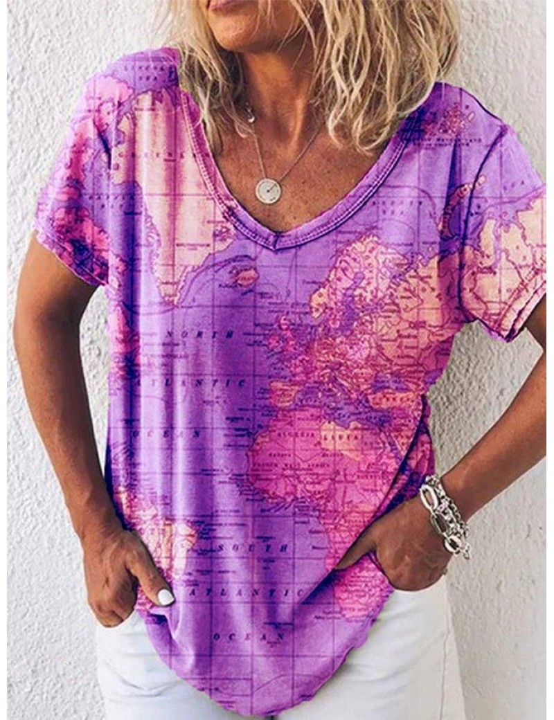 Women's V-Neck Casual Printed Loose Short-Sleeved t-Shirt