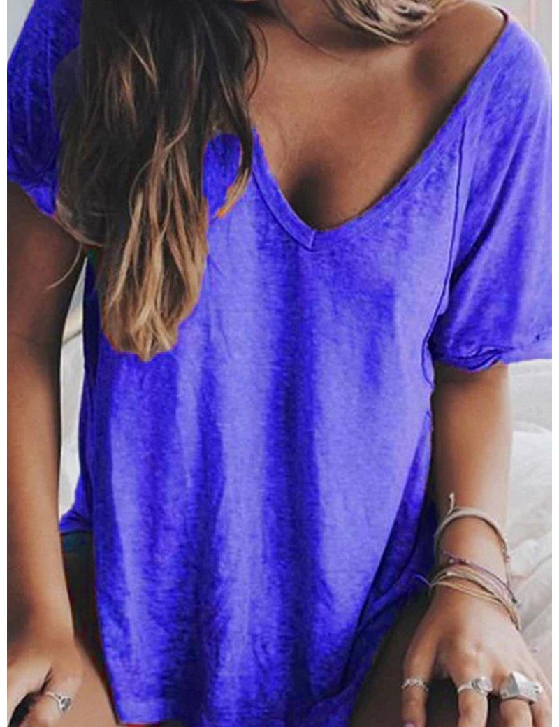 Women Summer V Neck Short Sleeve Loose Polyester T-Shirt Tops