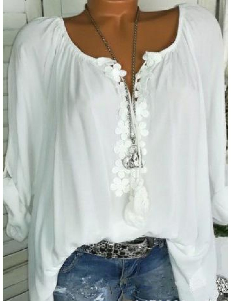 One-word collar long-sleeved lace stitched sleeveless shirt