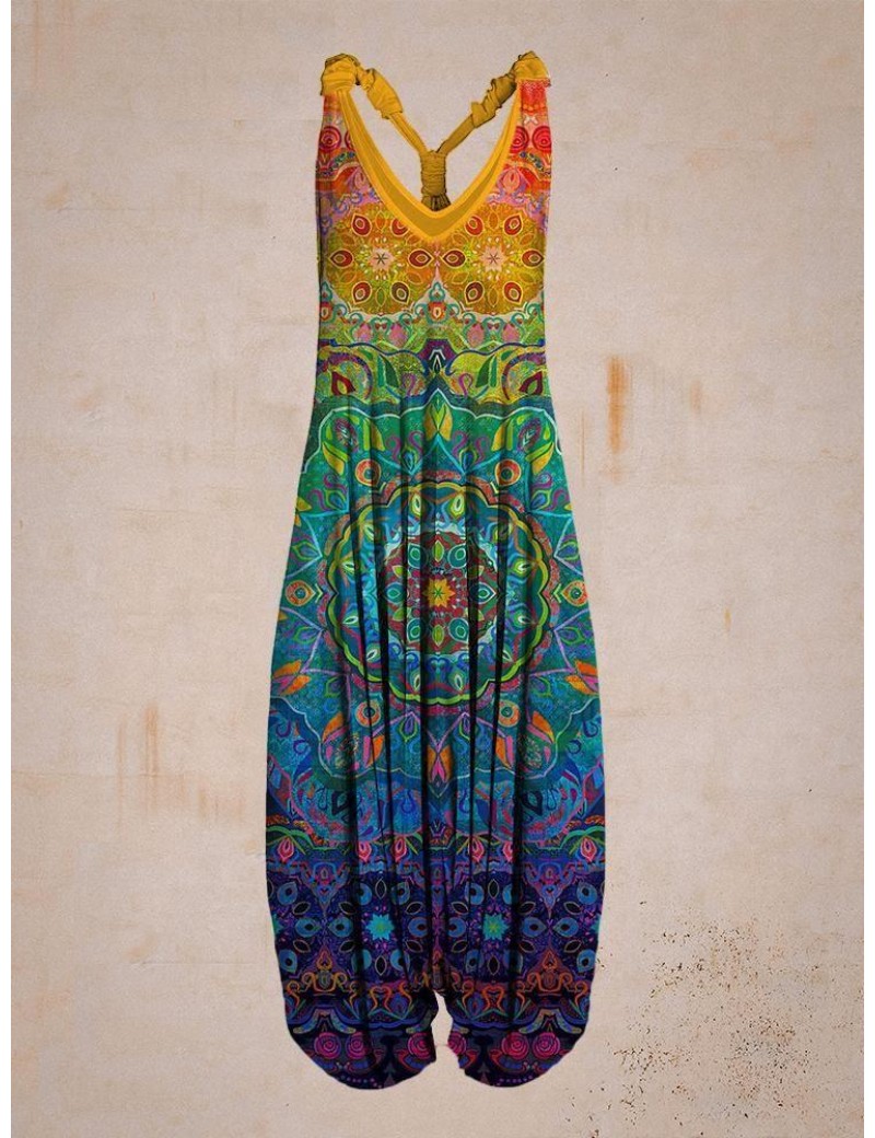Women Retro Colorful Pattern Print Sleeveless Harem Jumpsuit