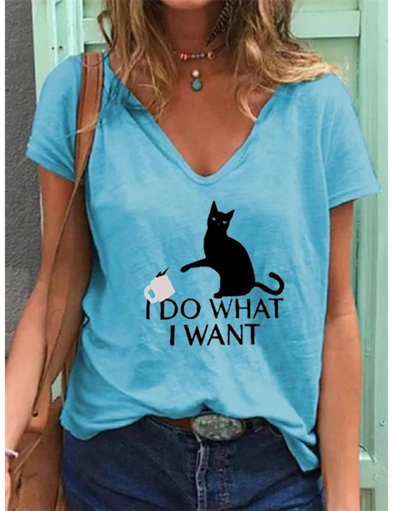 Casual cat print short-sleeved V-neck T-shirt women