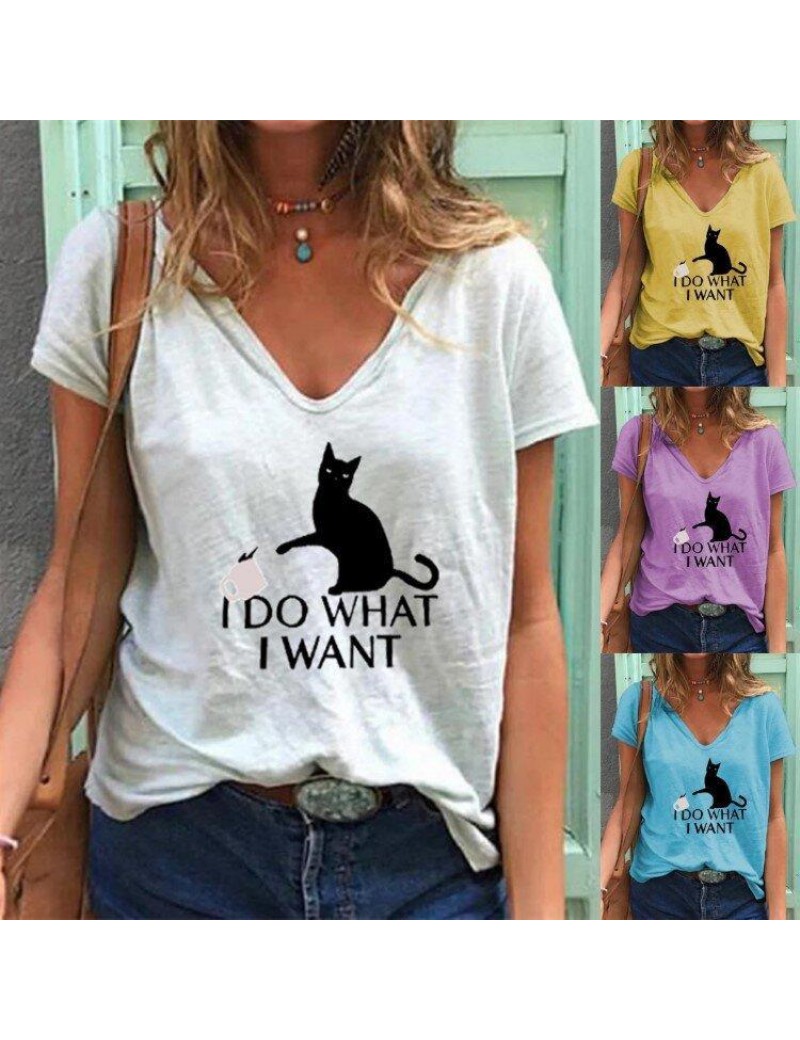 Casual cat print short-sleeved V-neck T-shirt women