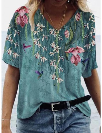 Women Summer Daily Colorful Flower Painting V-neck Casual Shift Short Sleeve Shirts & Tops