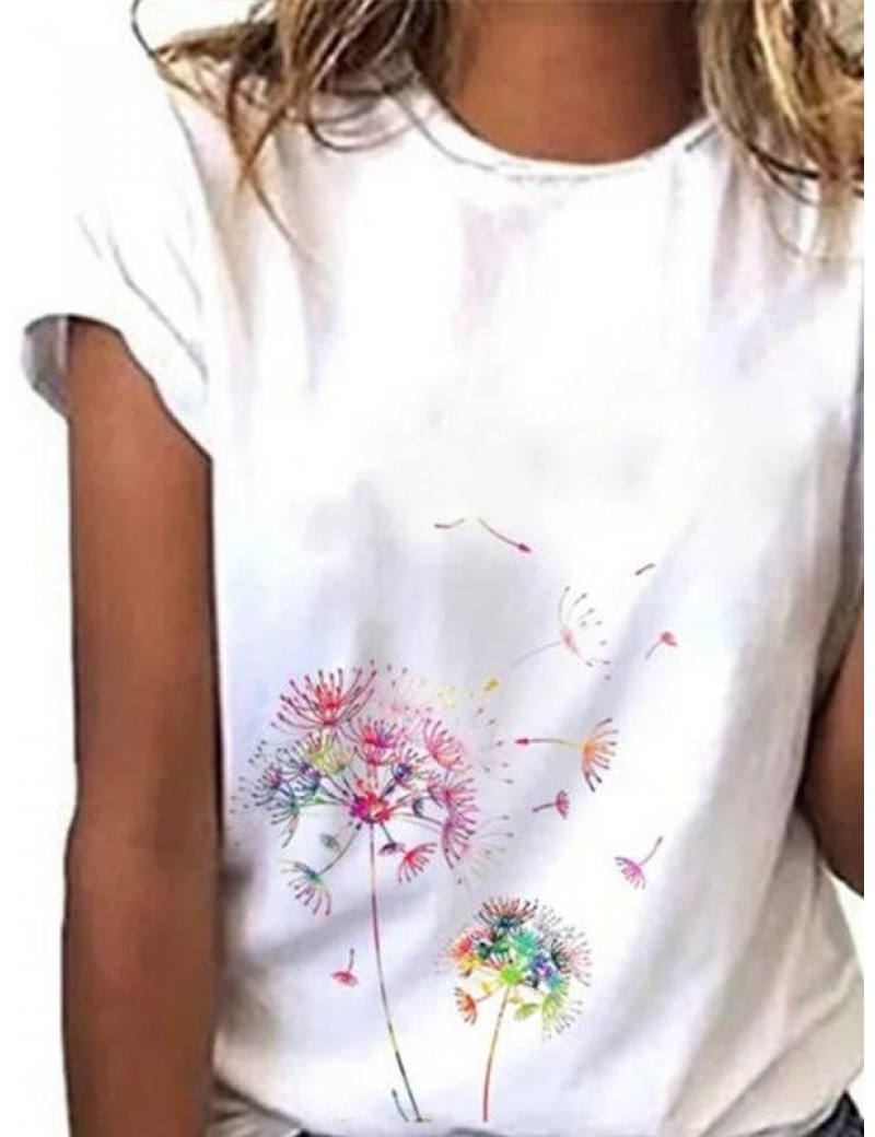 Women's casual loose color dandelion print T-shirt
