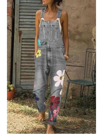 Flower-printed Baggy Jeans With Suspenders