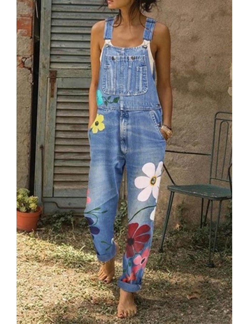 Flower-printed Baggy Jeans With Suspenders