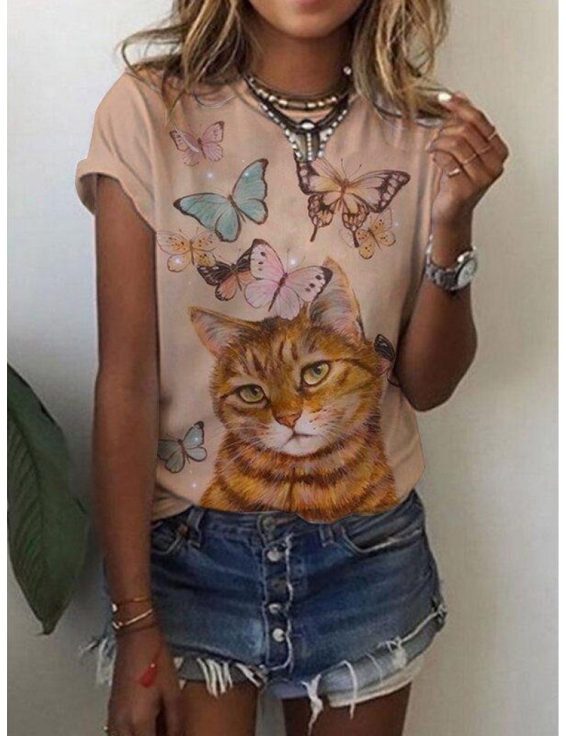 Ladies short sleeve round cat print T-shirt