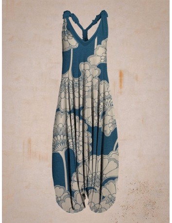 Women Summer Blue Flower Print Sleeveless Harem Jumpsuit