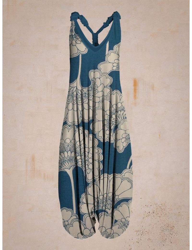 Women Summer Blue Flower Print Sleeveless Harem Jumpsuit