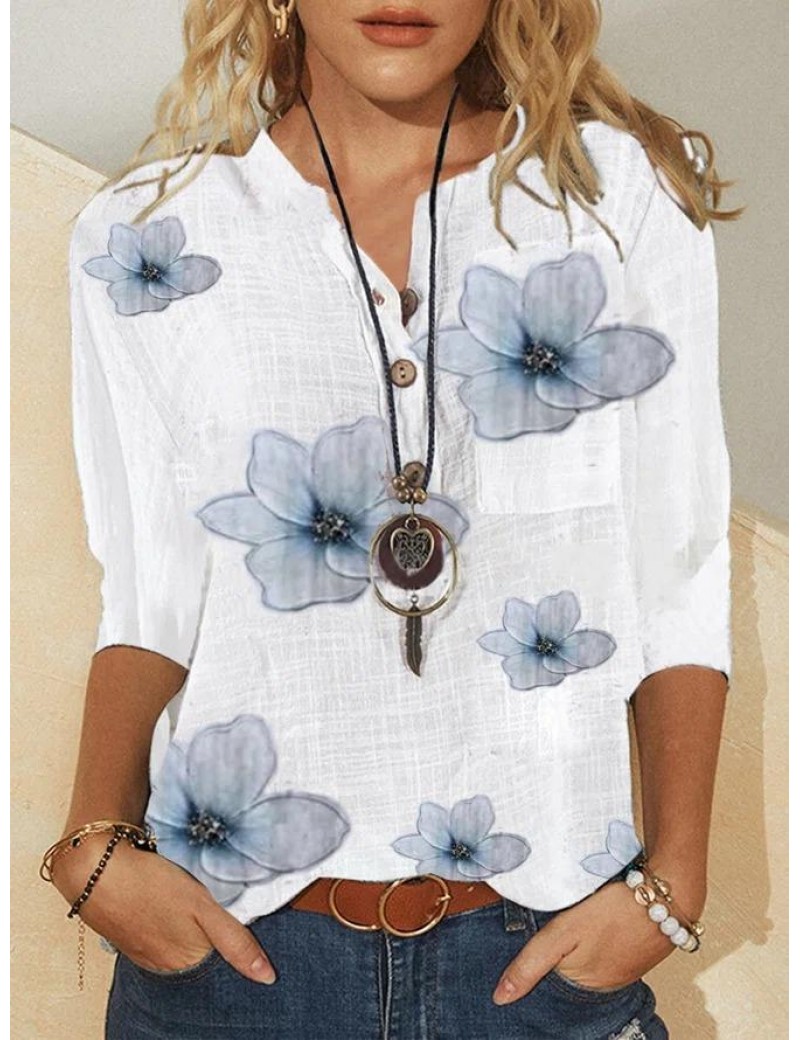 Women's Summer Floral Linen Half Sleeve V Neck Blouses & Shirts