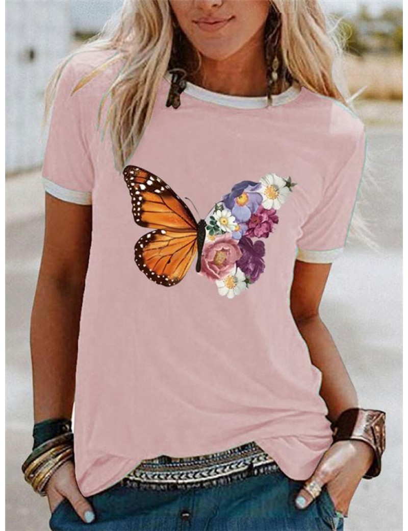 Women's Animals Flowers Graphic Printed Short Sleeve T-Shirt