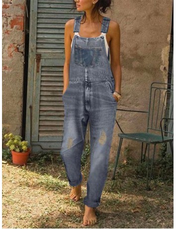 Women's Casual Overall Pants Sleeveless Light Wash Denim Jeans