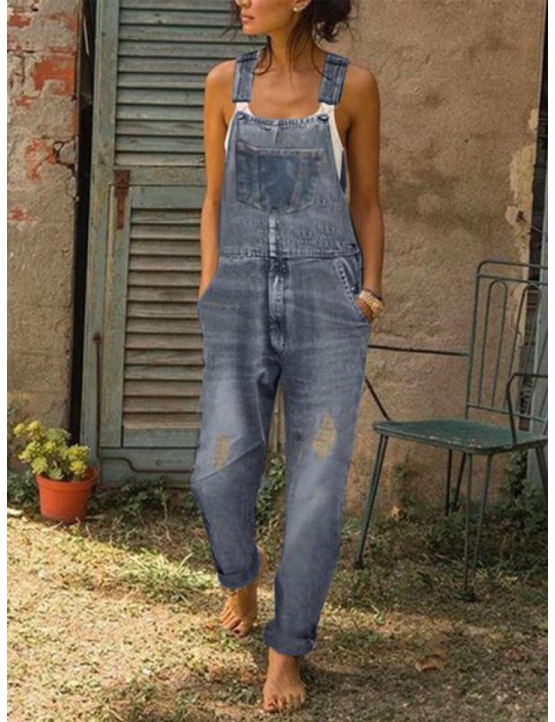 Women's Casual Overall Pants Sleeveless Light Wash Denim Jeans
