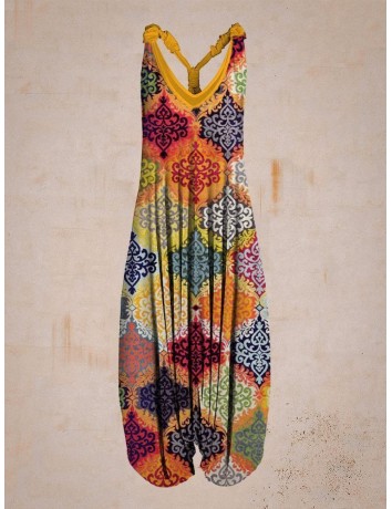 Women Colorful Pattern Sleeveless Harem Jumpsuit