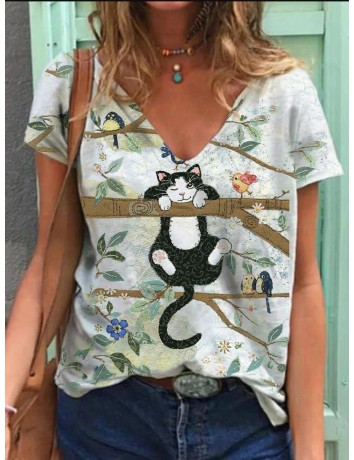 Ladies V-neck cat print T-shirt