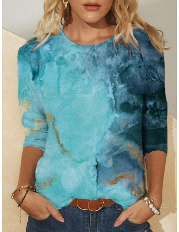 Women Crew Neck Long-Sleeved Casual Tie-Dye Printed Shirts