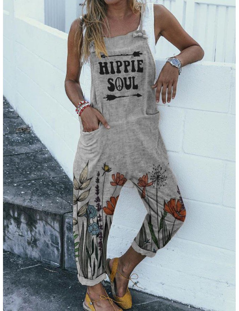 Hippie printed cotton and linen casual jumpsuit
