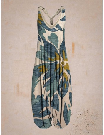 Women Abstract Flower Pattern Sleeveless Harem Jumpsuit