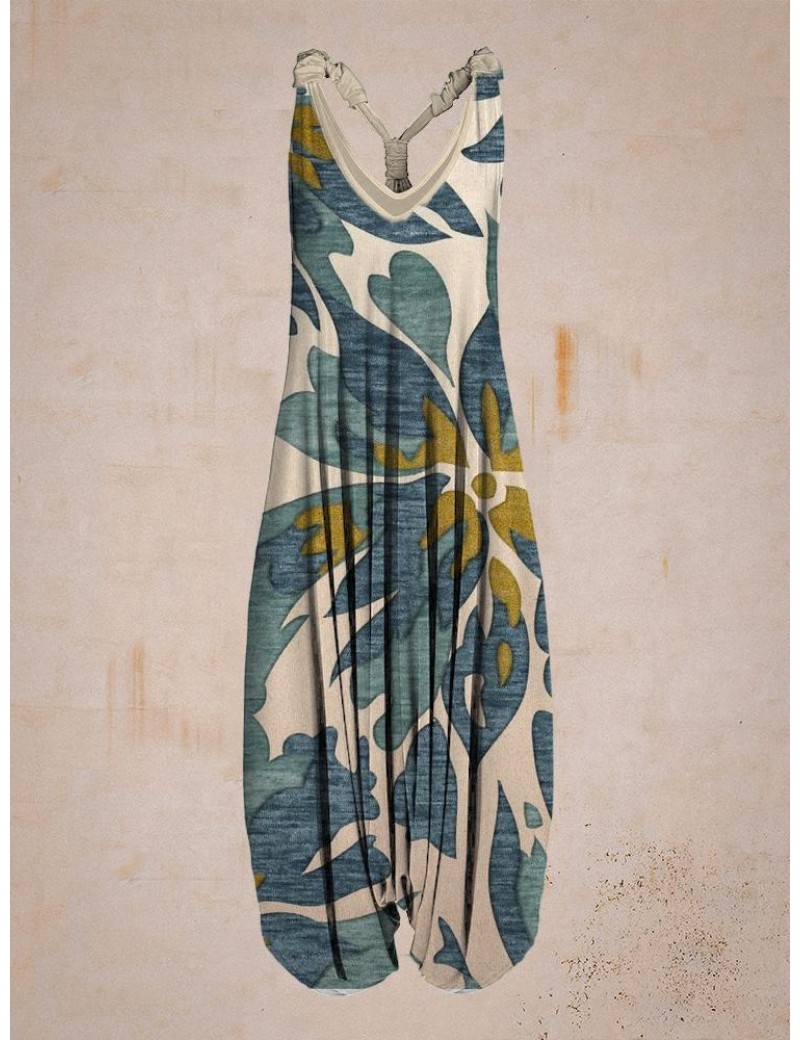 Women Abstract Flower Pattern Sleeveless Harem Jumpsuit