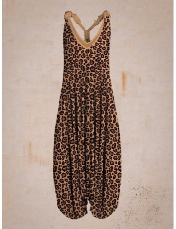 Women Leopard Pattern Sleeveless Harem Jumpsuit