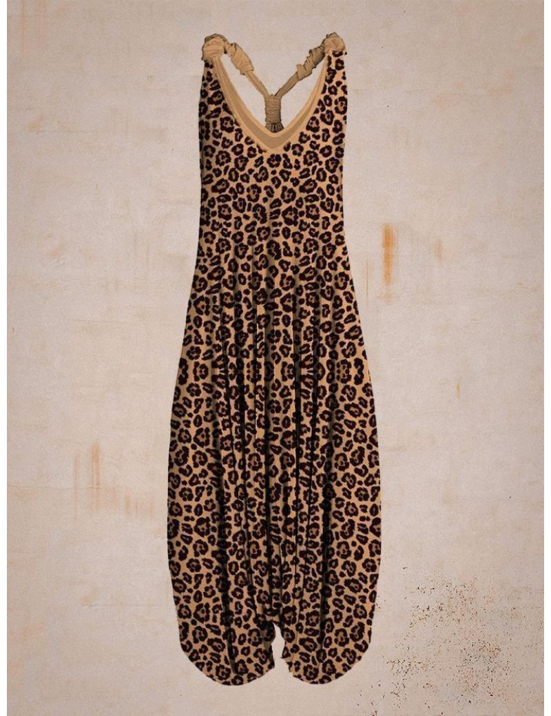 Women Leopard Pattern Sleeveless Harem Jumpsuit