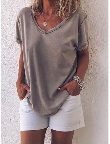 Casual loose solid color all-match V-neck short-sleeved ladies t-shirt