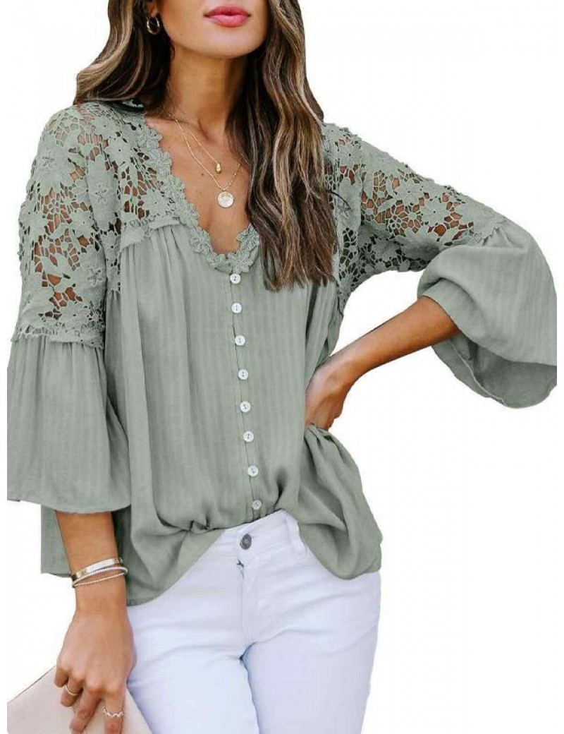 Green/Black/White/Gray/Purple Crochet Lace Button Top Women Summer Sexy V Neck Long Sleeve Hollow Out Lace Patchwork Blouse Tops