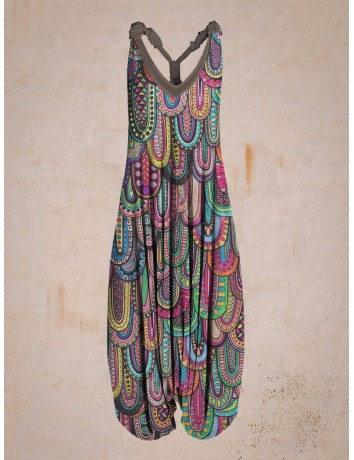 Women Vintage Colorblock Print Sleeveless Harem Jumpsuit