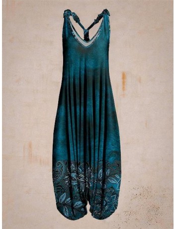 Women Summer Dark Blue Pattern Sleeveless Harem Jumpsuit